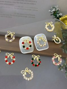 10pcs Assorted Gold Tone Christmas Wreath, Bowknot, Rhinestone, Pearl Nail Art Decorations - 3D Metal Nail Jewels For DIY Multicolor    Zinc Alloy  3D Decoration   Nail,Hand & Foot Care, size features are:Bust: ,Length: ,Sleeve Length: Silver Christmas Wreath, Pearl Nail Art, Pearl Nail, Festive Nail Designs, Holiday Nails Winter, Red Christmas Nails, Nail Jewels, Pearl Nails, Festival Nails