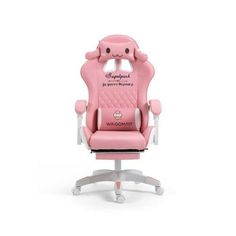 a pink computer chair with an adorable face on it