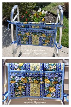 two pictures of an ironing board with flowers on it and the same one in blue