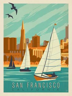 the san francisco travel poster is displayed on an iphone screen, and there are two sailboats in the water