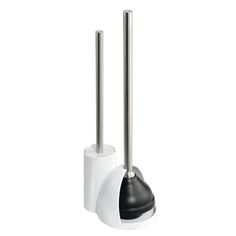 two silver and black toilet brush holders next to each other on a white background,