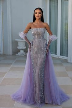 Portia and Scarlett PS23983 | NorasBridalBoutiqueNY Chiffon Overskirt, Lilac Prom Dresses, Portia And Scarlett, Dreamy Gowns, Graceful Movement, Scarlett Dresses, Tulle Evening Dress, Beaded Prom Dress, فستان سهرة