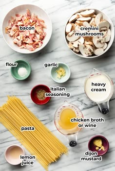 ingredients to make mushroom pasta on a marble countertop with the names in italian and english