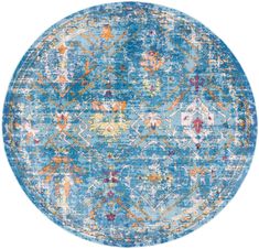 a round rug with blue and orange colors