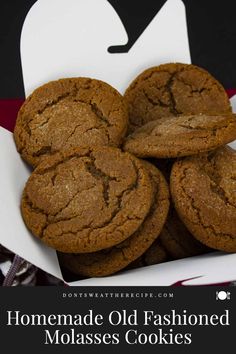 homemade old fashioned molasses cookies in a white box with text overlay that reads homemade old fashioned molasses cookies