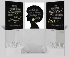 two black and gold wall hangings with the words, you can never struggle to be a