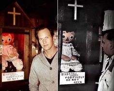 a man standing next to a fake doll in front of a cross and a sign that says bantams positively do not open