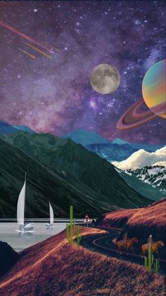 an image of a landscape with mountains and planets