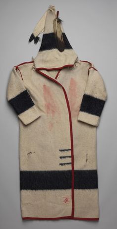 an old coat with red, white and black stripes