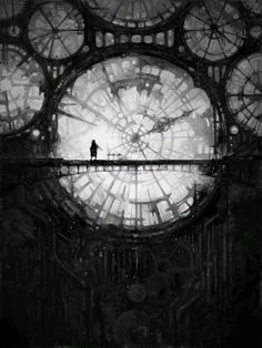 a person standing on a bridge in front of a large clock