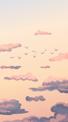 there are many clouds in the sky with birds flying over them and one is pink