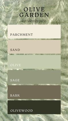 the color scheme for olive garden is shown in shades of green, brown and white