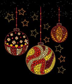 three christmas ornaments hanging from strings on a black background with stars and snowflakes