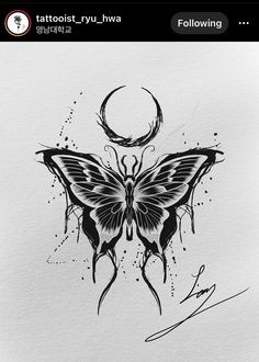 a black and white drawing of a butterfly with the moon in the sky behind it