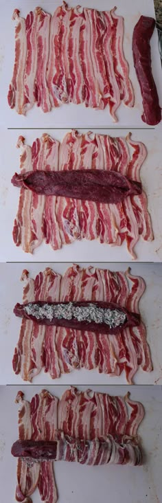 bacon strips laid out on top of each other and ready to be cut into pieces