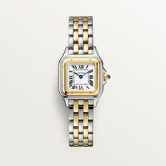 Cartier - Panthère de Cartier watch - Watch Woman Gold/Steel - Panthère de Cartier watch, small model, quartz movement. Case in yellow gold 750/1000 and steel, dimensions: 23 mm x 30 mm, thickness: 6 mm, crown set with a synthetic blue spinel, silvered dial, blued-steel sword-shaped hands, bracelet in yellow gold 750/1000 and steel. Water-resistant to 3 bar (approx. 30 meters). Cartier Watches Women Diamonds, Cartier Watches Women, Cartier Gold, Cartier Panthere, Gold Watches Women, Jewelry Styles, Cartier Watch, Two Tone Watch, Women's Watch