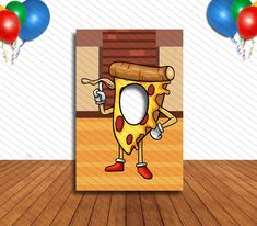 a slice of pizza is standing in front of balloons