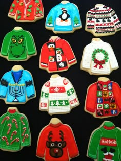 decorated cookies are arranged in the shape of ugly sweaters and reindeer hats for christmas