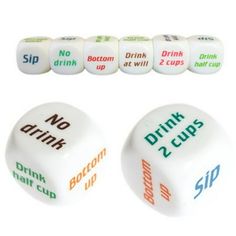 six white dices with different types of drinks on each side and no drink at all ends