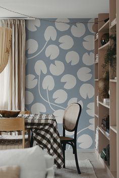 #wallpaper #interiordesign #diningroomdecor #scandinaviandesign #fineLittleday #waterlilies #bluedecor #homedecor #peacefulhome Water Lilies Wallpaper, Lily Wallpaper, Day Wallpaper, Dining Room Blue, Dining Room Wallpaper