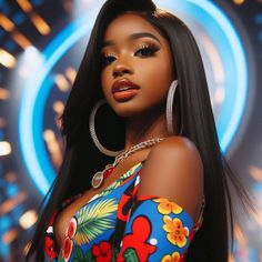 a woman with long black hair wearing large hoop earrings and a colorful dress in front of a neon background