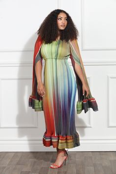 Luxe Moda Style LM-364,2pc. Dress & Sleeve cover,Multi Fitted Multicolor Dresses For Fall, Fitted Multicolor Dress For Fall, Fitted Cape Dress For Fall, Fitted Multicolor Lined Maxi Dress, Evening Multicolor Stretch Maxi Dress, Multicolor Maxi Dress, Crinkled Fabric, Dress With Cape, Rainbow Ombre