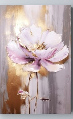 a painting of two pink flowers on a white and grey background with gold leaf accents