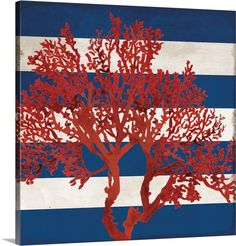 a tree with red leaves on a blue and white striped background canvas wall art print