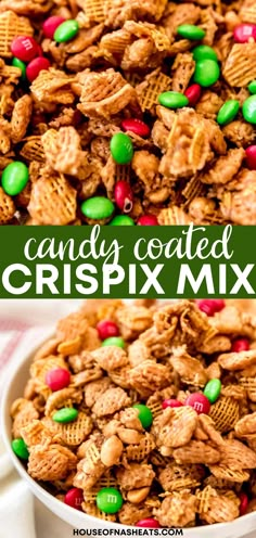 a bowl full of candy coated cereal mix with the words candy coated crispix mix above it