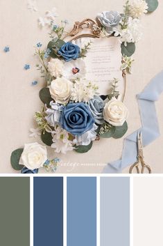 a blue and white color scheme with flowers