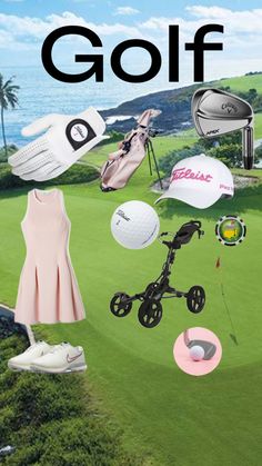 a collage of golf related items including shoes, clubs and balls