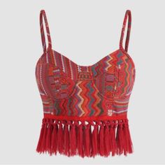 Nwt Boho Tapestry Print Corset Crop Top With Fringe Trim. Spaghetti Straps And Exposed Back Zipper. Definite #Festival Vibes Size S Ptp: 16” Red Fringe Tops For Summer, Red Tassel Beach Tops, Red Tassel Tops For Beach, Cider Tops, Corset Tank Top, Navratri Dress, Festival Crop Tops, Boho Tapestry, Bohemian Colors