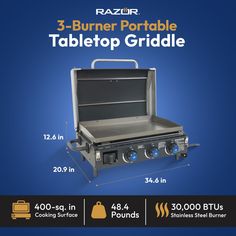 the 3 burner portable tabletop griddle is shown with measurements for each item