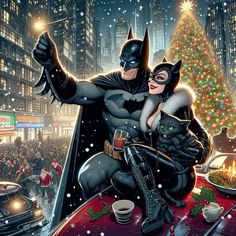 the batman and catwoman are sitting on top of a car in front of a christmas tree