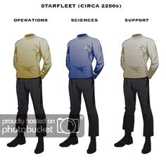 three men in star trek uniforms standing next to each other with their hands on their hipss