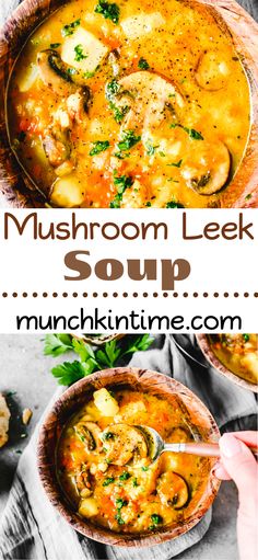 mushroom leek soup in a bowl with text overlay