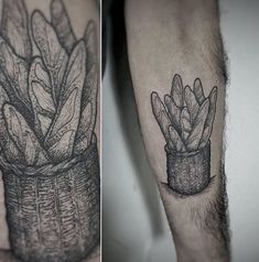 two pictures of tattoos with different designs on their arms and legs, one showing the same tattoo