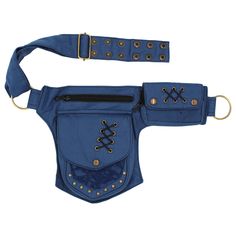 a blue leather belt with metal rivets on the front and side zippers