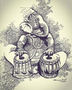 a drawing of an elephant with two drums in his hand and another drum on the ground