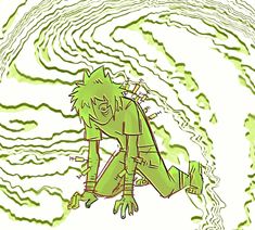 a drawing of a man with green hair and eyes sitting on the ground in front of an abstract background