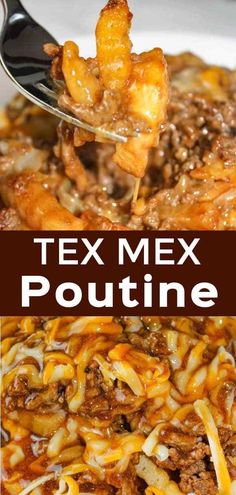 a close up of a plate of food with text that reads tex mex poutine