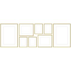 a white wall with several gold frames on the top and bottom, all lined up against each other