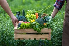 a person holding a wooden crate filled with vegetables