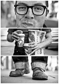 three different shots of a man with glasses holding coffee cups and money in his hands