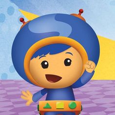 a cartoon character with blue hair and an orange hat