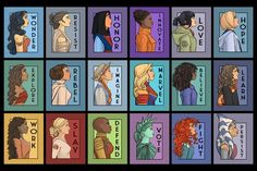 an image of different avatars in the style of zodiac signs and astrological cards