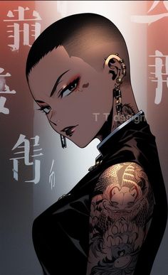 Female Mafia Art, Punk Female Character Design, Bold Women, Cyberpunk Female, Shaving Your Head, Buzz Cuts, Black Cartoon Characters, Cyberpunk Character, Black Anime Characters