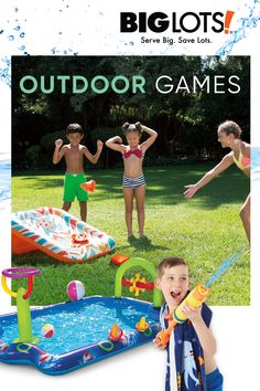 an advertisement for the biglots outdoor games range, featuring children playing with toys and inflatable pool