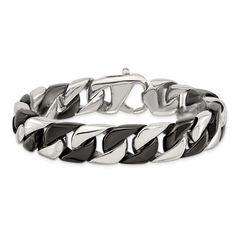 Ageless And Classic, A Two-Tone Flat Curb Chain Is Eye-Catching And Fashionable. It Is Created From Polished And Black-Plated Stainless Steel And Is Approximately 14mm (9/16 Inch) In Width By 8.75 Inches In Length Including The Fancy Lobster Clasp. This Item Has An Approximate Weight Of 75.68 Grams. Mens Bracelet Fashion, Curb Chain Bracelet, Woven Necklace, Mens Items, Stainless Steel Polish, Packaging Gift, Bow Jewelry, Black Plates, Magnetic Bracelet