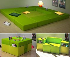 there is a green couch that has been made into a bed and some pictures on the wall